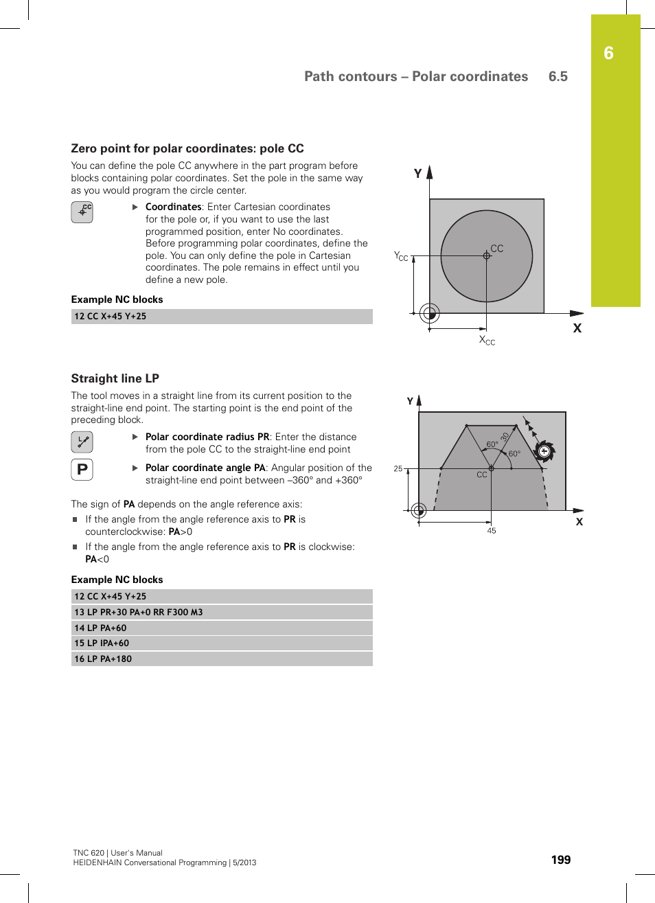 Zero point for polar coordinates: pole cc, Straight line lp, Path contours – polar coordinates 6.5 | HEIDENHAIN TNC 620 (34056x-04) User Manual | Page 199 / 570