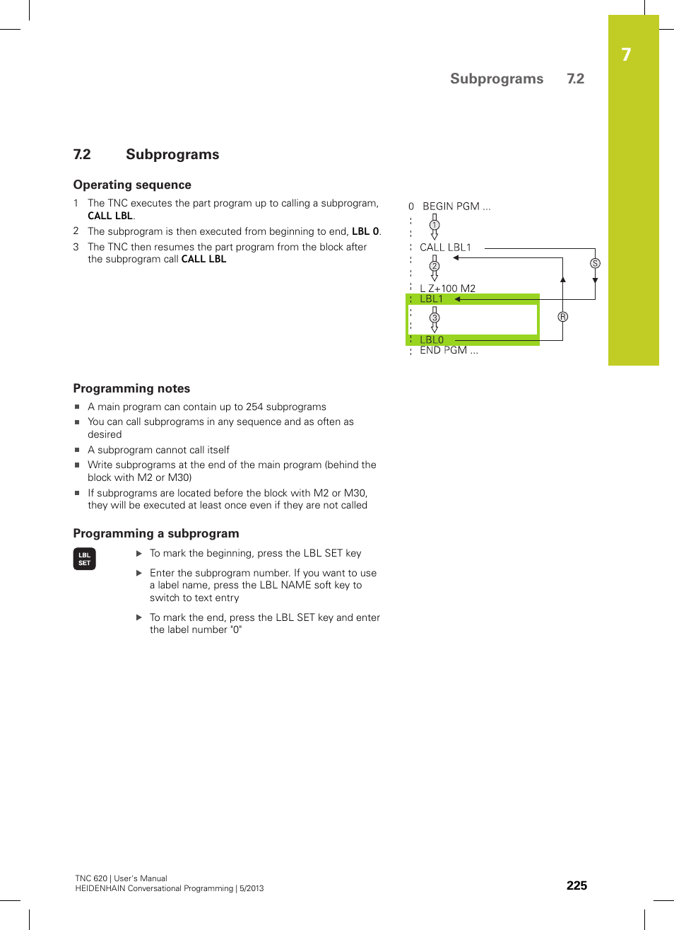 2 subprograms, Operating sequence, Programming notes | Programming a subprogram, Subprograms, Subprograms 7.2 | HEIDENHAIN TNC 620 (34056x-04) User Manual | Page 225 / 570