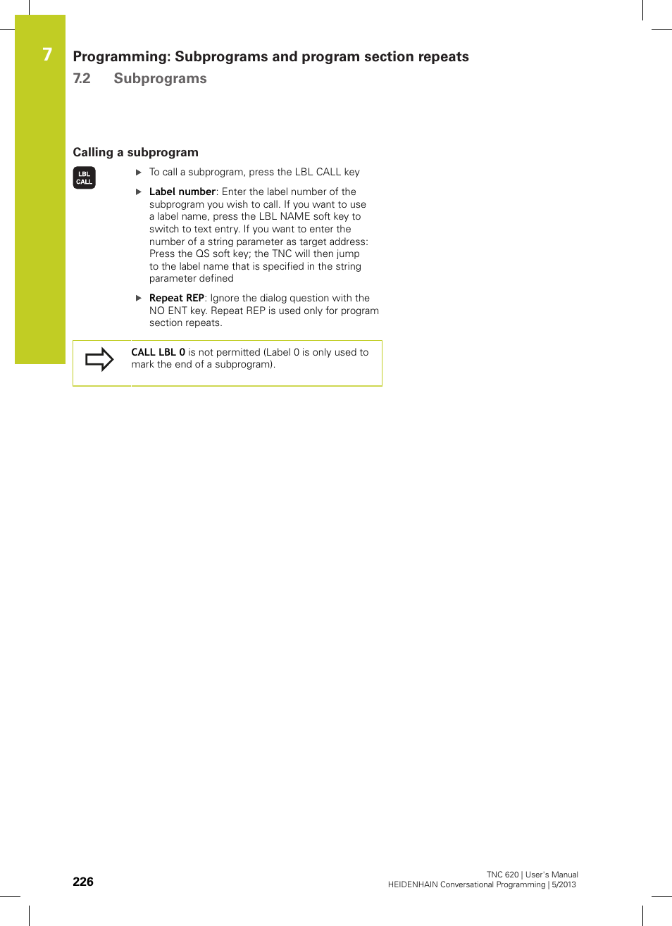 Calling a subprogram | HEIDENHAIN TNC 620 (34056x-04) User Manual | Page 226 / 570