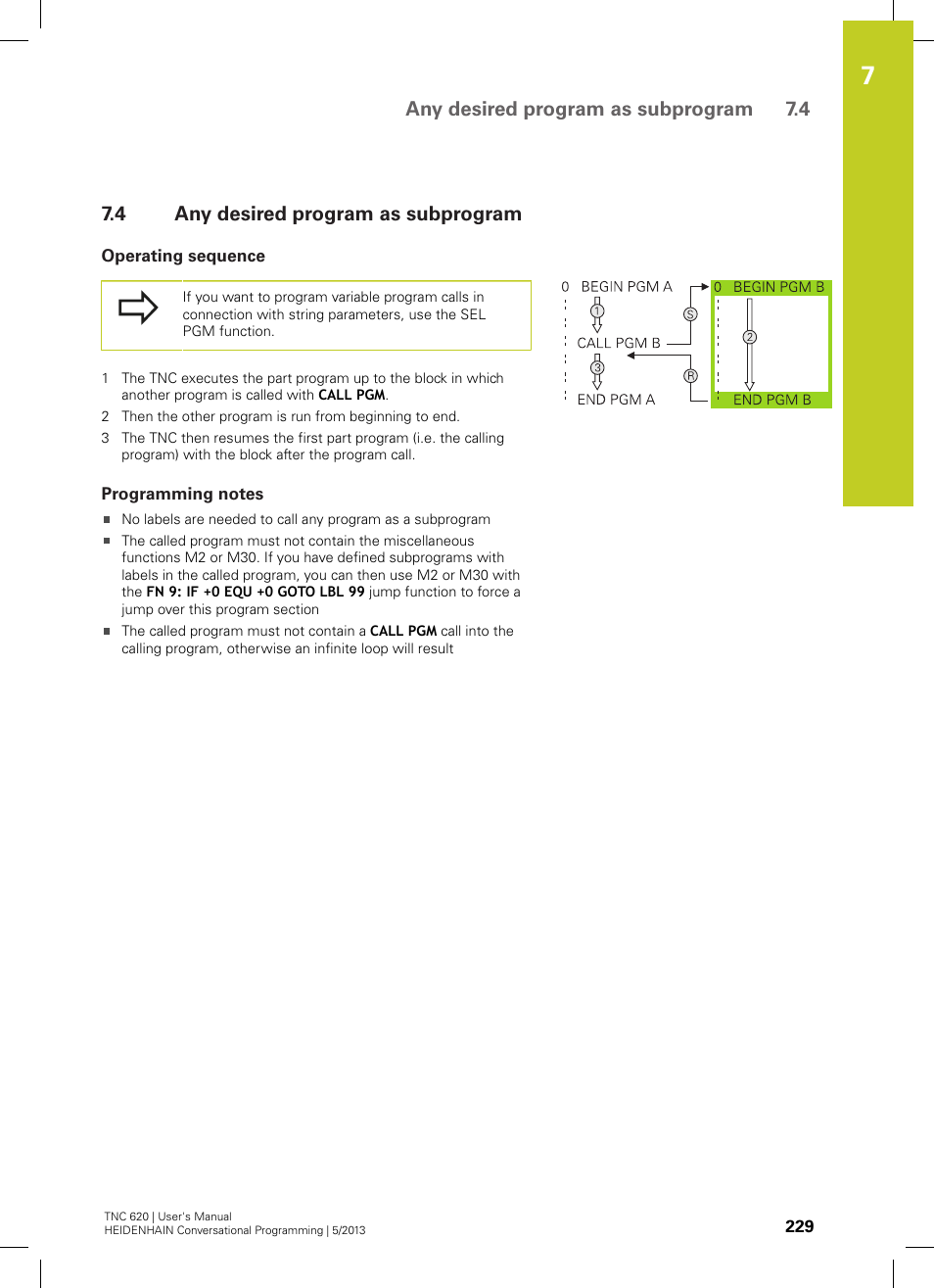 4 any desired program as subprogram, Operating sequence, Programming notes | Any desired program as subprogram, Any desired program as subprogram 7.4 | HEIDENHAIN TNC 620 (34056x-04) User Manual | Page 229 / 570