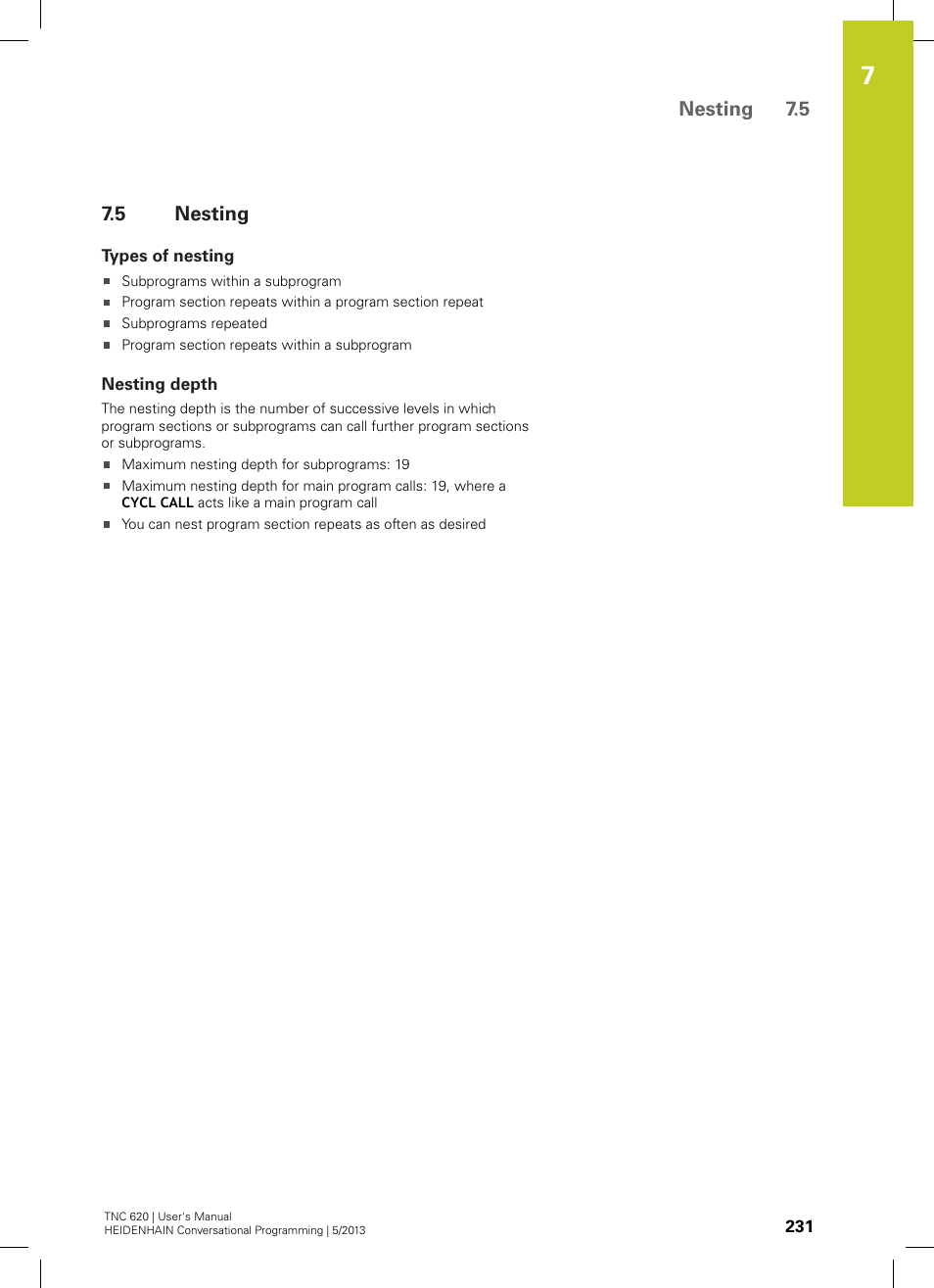 5 nesting, Types of nesting, Nesting depth | Nesting | HEIDENHAIN TNC 620 (34056x-04) User Manual | Page 231 / 570