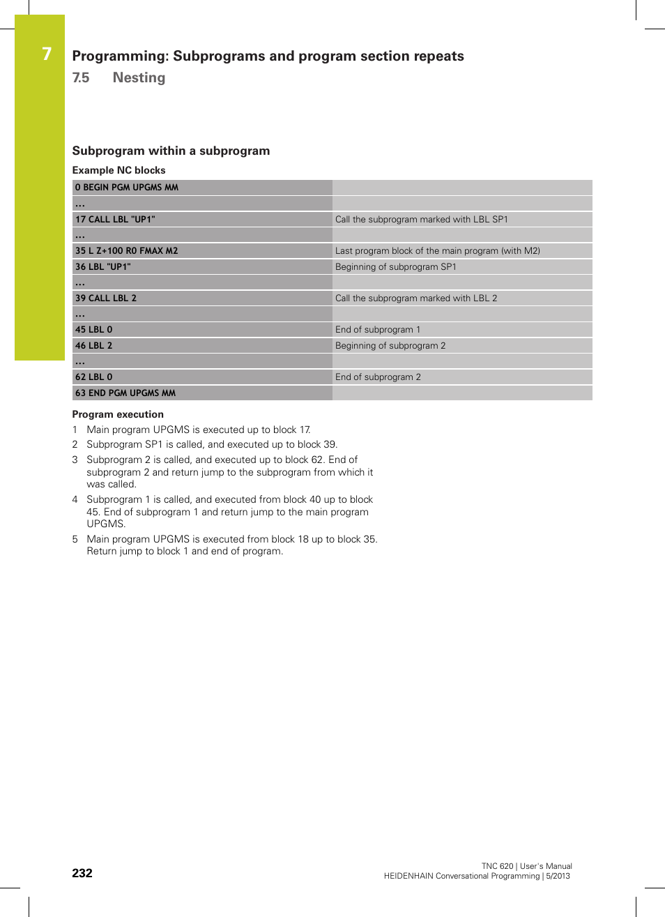 Subprogram within a subprogram | HEIDENHAIN TNC 620 (34056x-04) User Manual | Page 232 / 570