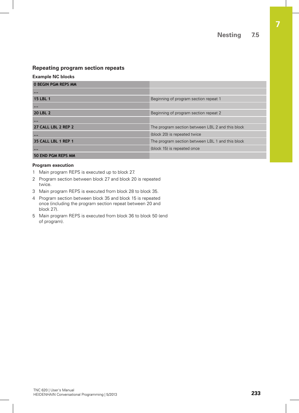 Repeating program section repeats, Nesting 7.5 | HEIDENHAIN TNC 620 (34056x-04) User Manual | Page 233 / 570