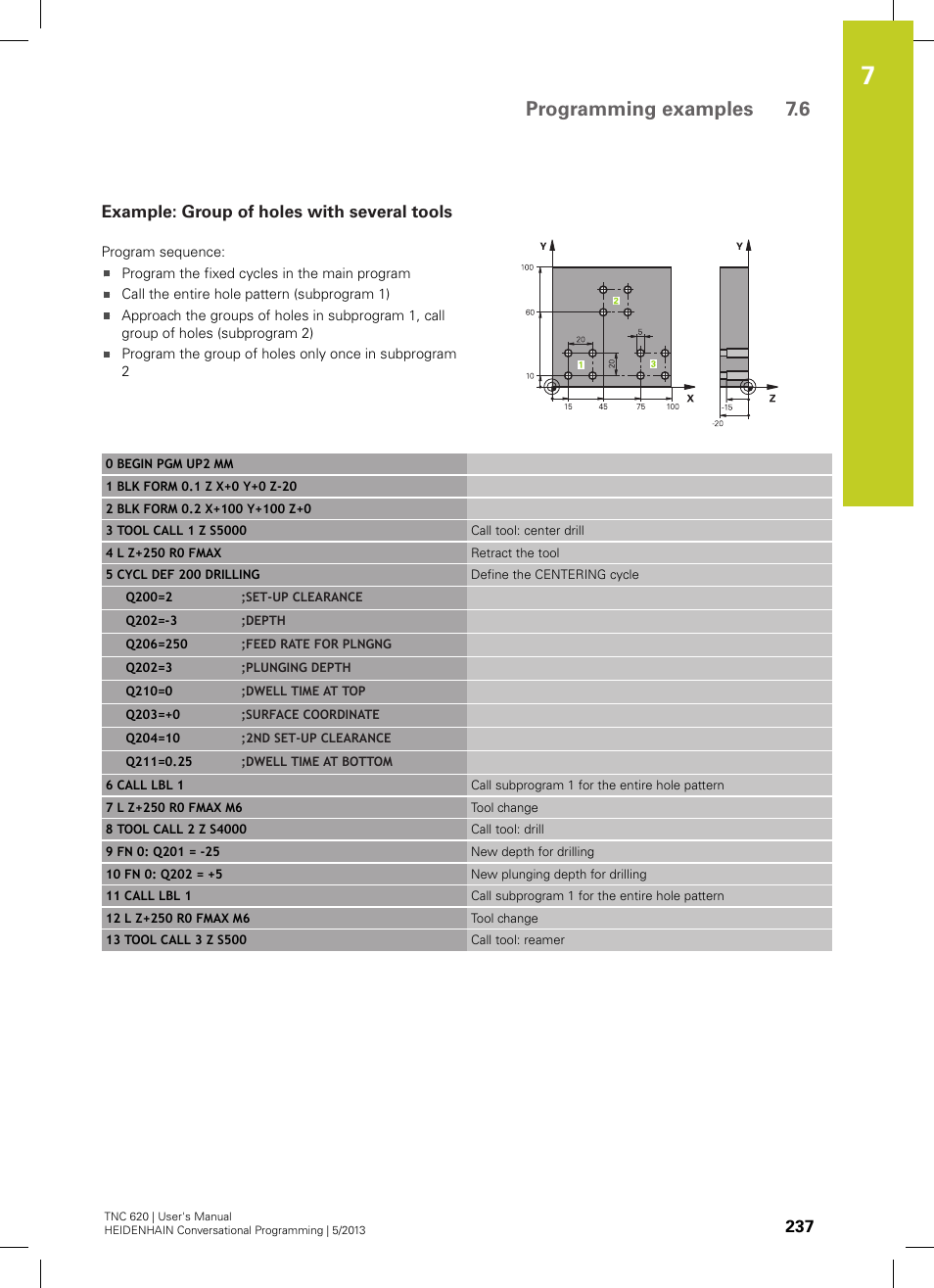 Example: group of holes with several tools, Programming examples 7.6 | HEIDENHAIN TNC 620 (34056x-04) User Manual | Page 237 / 570