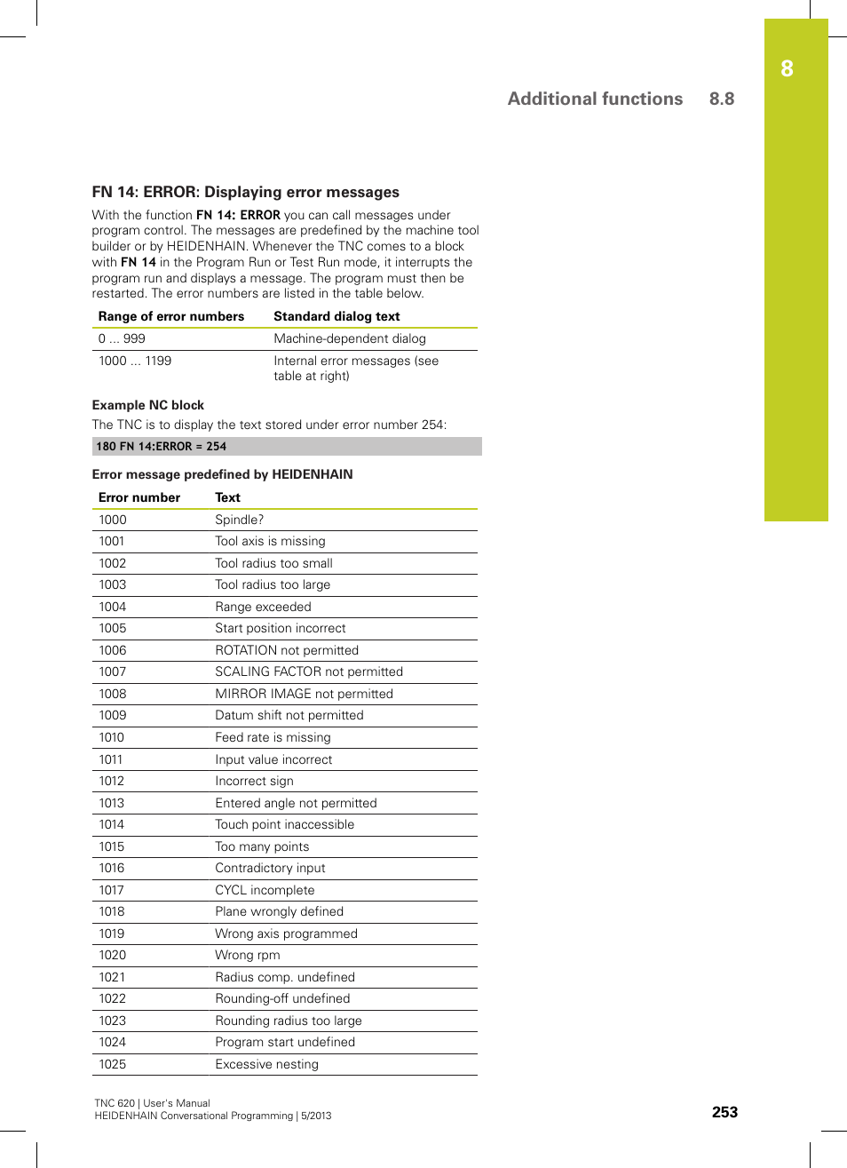 Fn 14: error: displaying error messages, Additional functions 8.8 | HEIDENHAIN TNC 620 (34056x-04) User Manual | Page 253 / 570