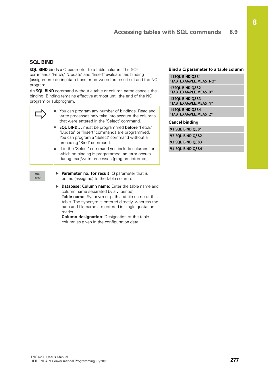Sql bind, Accessing tables with sql commands 8.9 | HEIDENHAIN TNC 620 (34056x-04) User Manual | Page 277 / 570