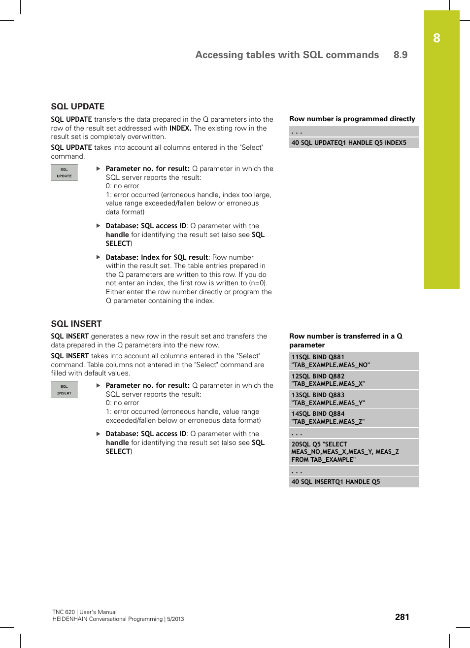 Sql update, Sql insert, Accessing tables with sql commands 8.9 | HEIDENHAIN TNC 620 (34056x-04) User Manual | Page 281 / 570