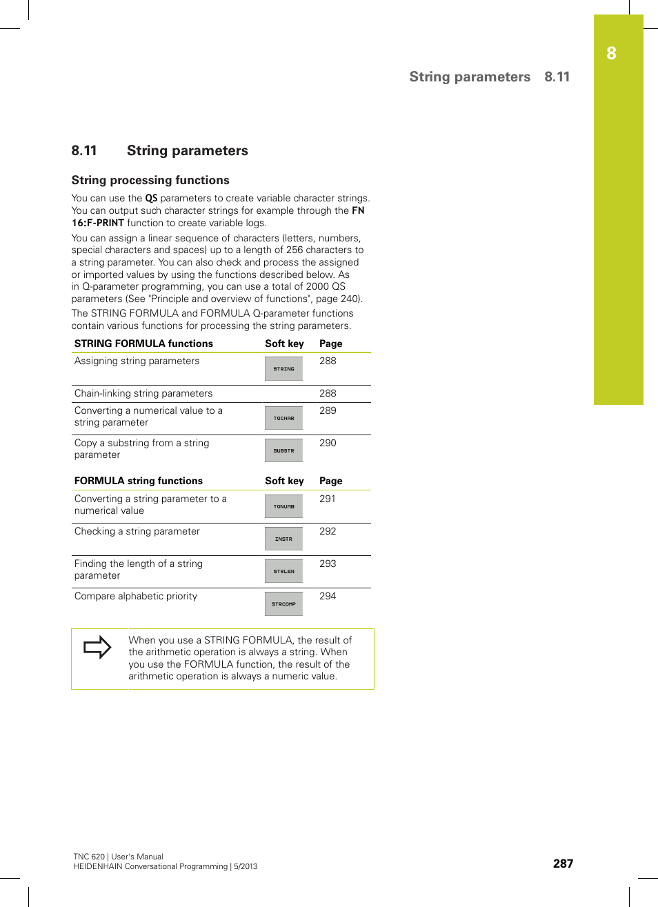 11 string parameters, String processing functions, String parameters | String parameters 8.11 | HEIDENHAIN TNC 620 (34056x-04) User Manual | Page 287 / 570