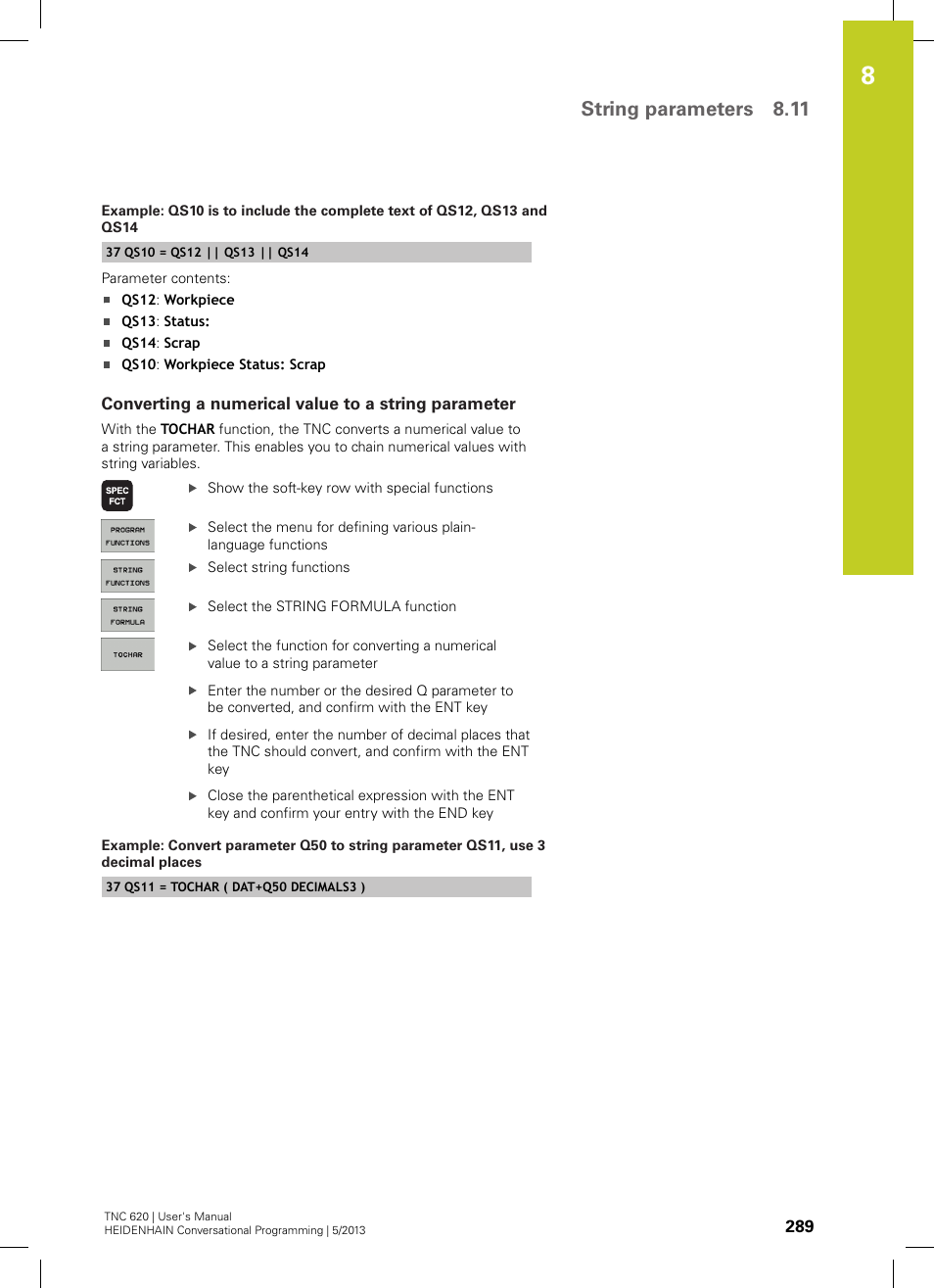 Converting a numerical value to a string parameter, String parameters 8.11 | HEIDENHAIN TNC 620 (34056x-04) User Manual | Page 289 / 570