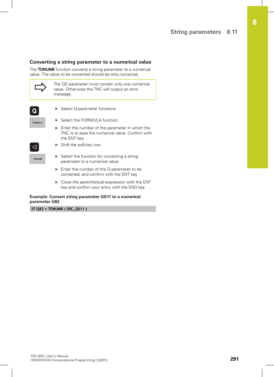 Converting a string parameter to a numerical value, String parameters 8.11 | HEIDENHAIN TNC 620 (34056x-04) User Manual | Page 291 / 570