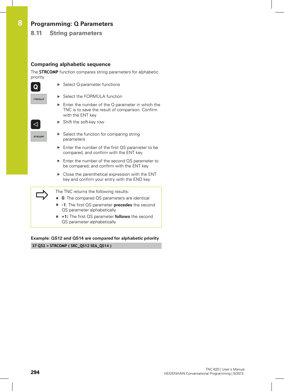 Comparing alphabetic sequence, Programming: q parameters 8.11 string parameters | HEIDENHAIN TNC 620 (34056x-04) User Manual | Page 294 / 570