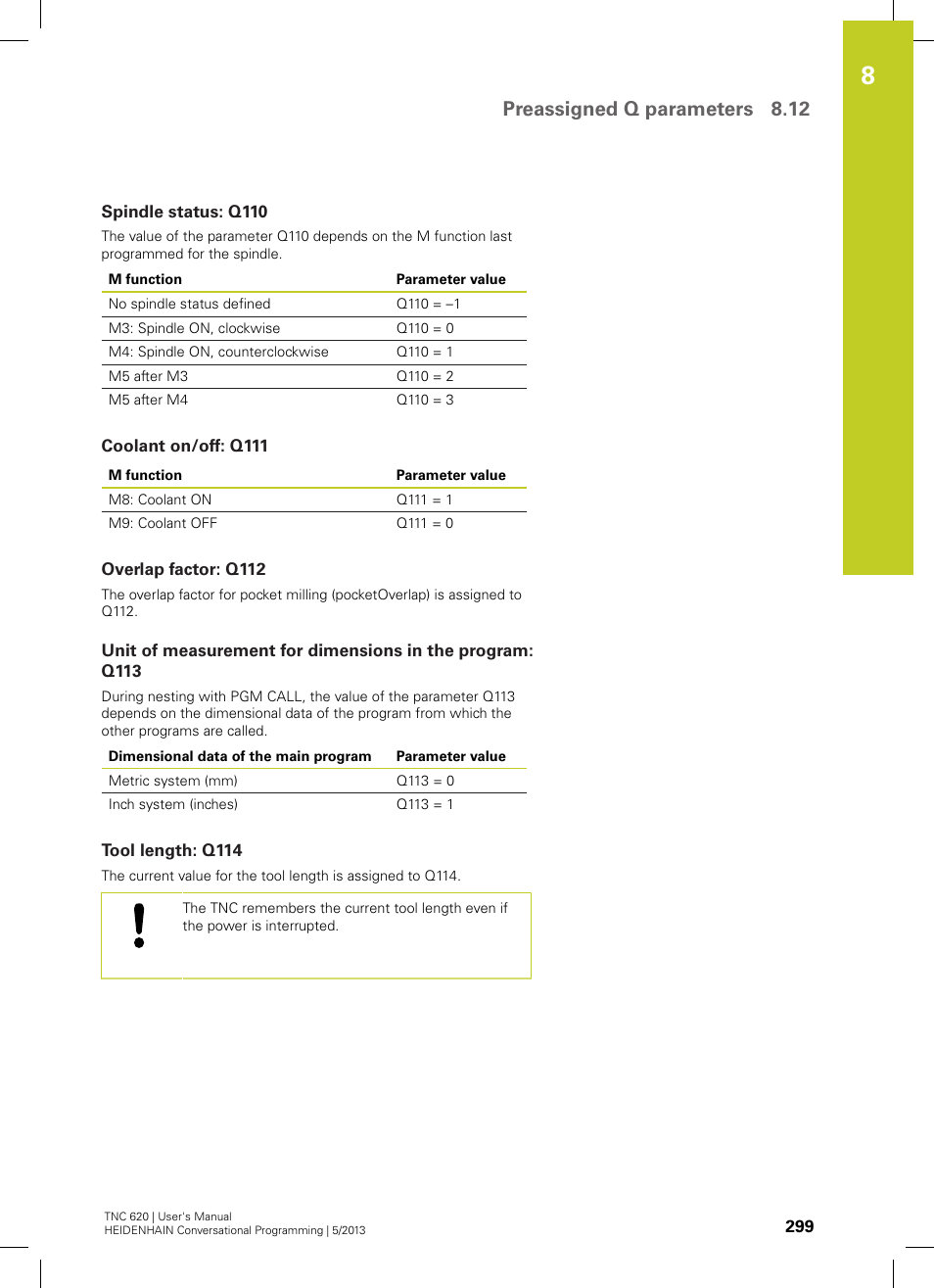 Spindle status: q110, Coolant on/off: q111, Overlap factor: q112 | Tool length: q114, Preassigned q parameters 8.12 | HEIDENHAIN TNC 620 (34056x-04) User Manual | Page 299 / 570