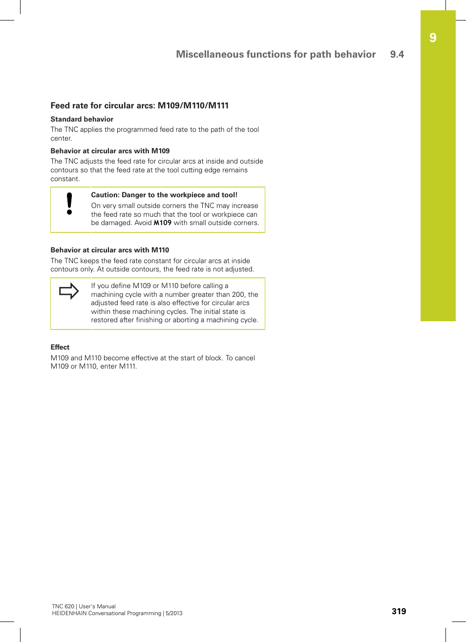 Feed rate for circular arcs: m109/m110/m111, Miscellaneous functions for path behavior 9.4 | HEIDENHAIN TNC 620 (34056x-04) User Manual | Page 319 / 570