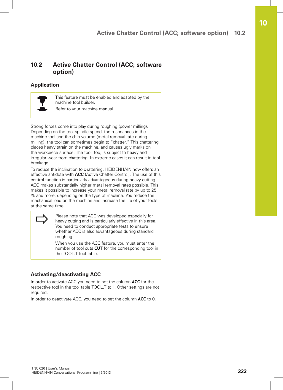 2 active chatter control (acc; software option), Application, Activating/deactivating acc | Active chatter control (acc; software option), Active chatter control (acc; software option) 10.2 | HEIDENHAIN TNC 620 (34056x-04) User Manual | Page 333 / 570