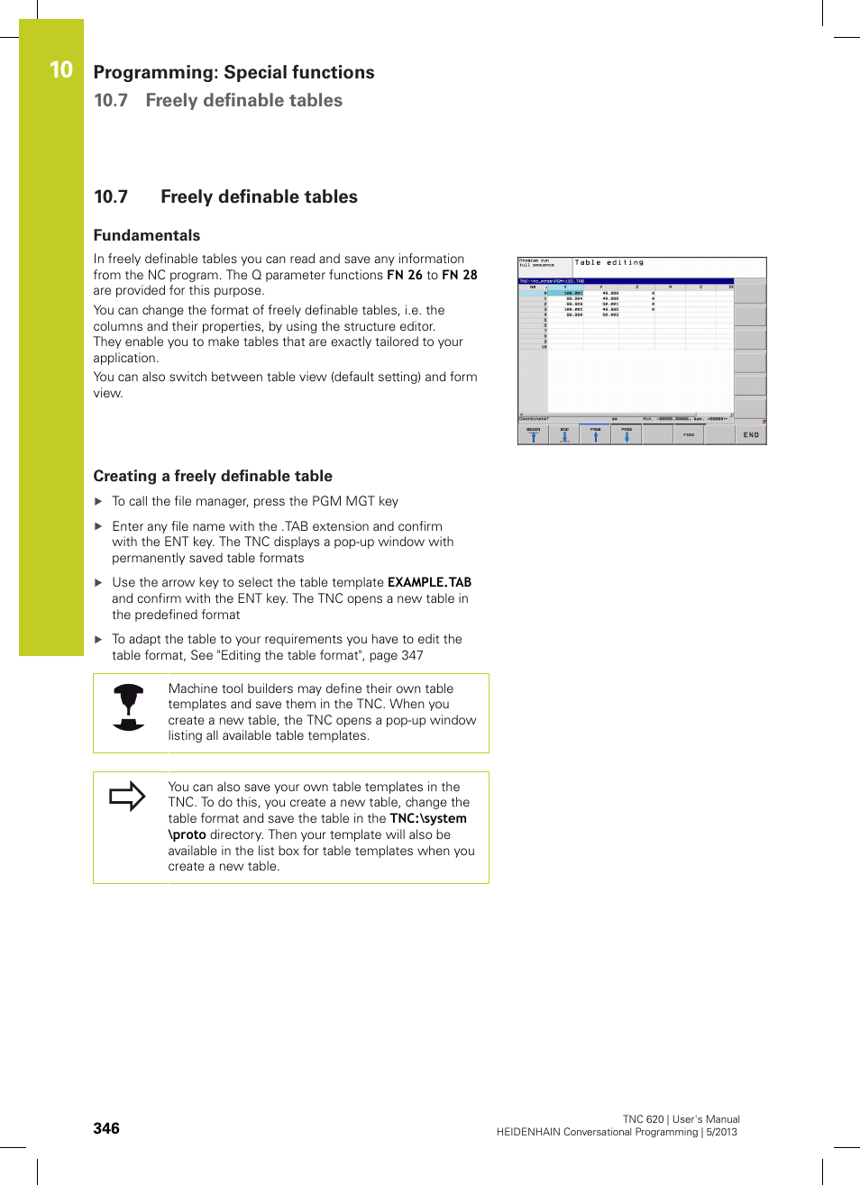 7 freely definable tables, Fundamentals, Creating a freely definable table | Freely definable tables | HEIDENHAIN TNC 620 (34056x-04) User Manual | Page 346 / 570