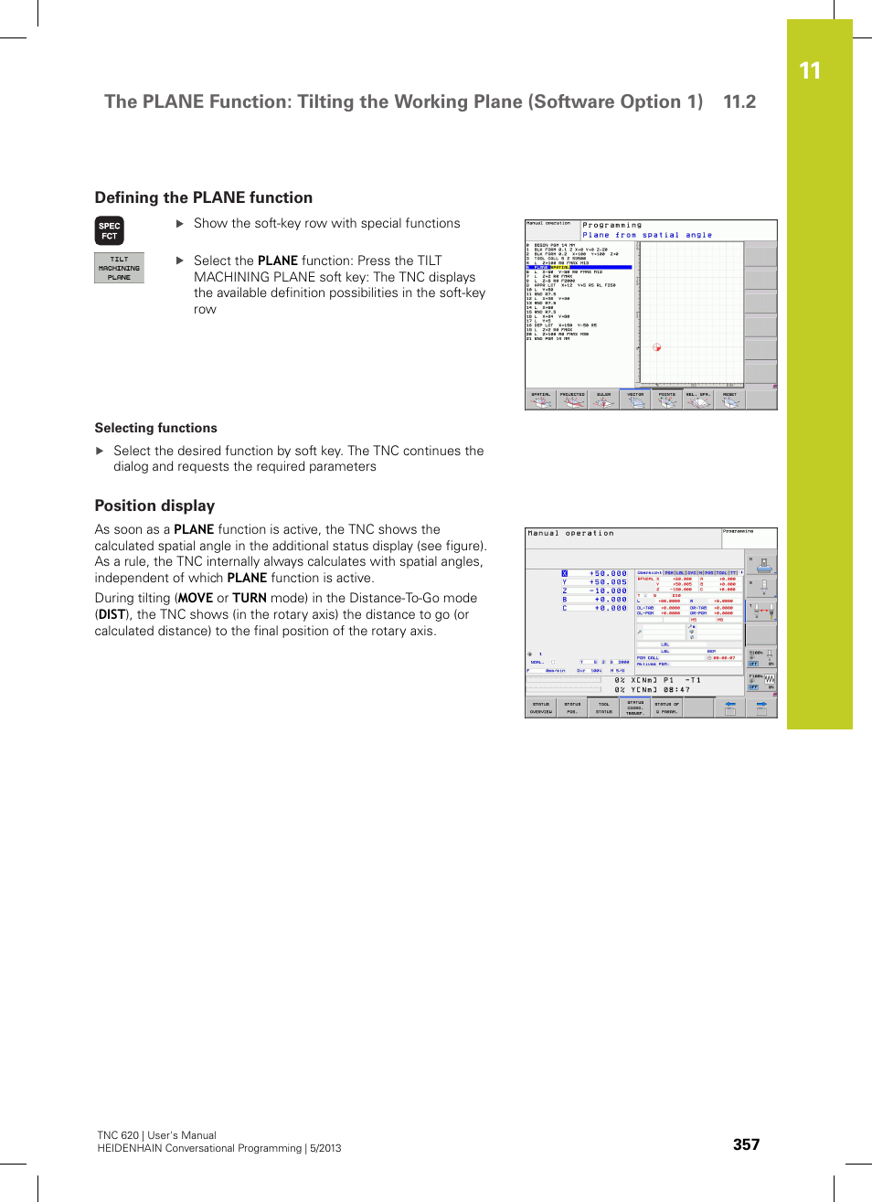 Defining the plane function, Position display | HEIDENHAIN TNC 620 (34056x-04) User Manual | Page 357 / 570