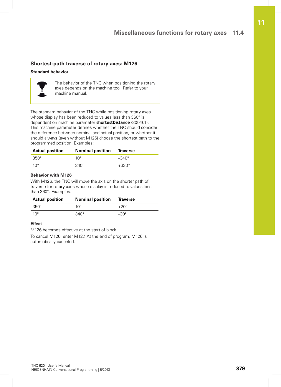 Shortest-path traverse of rotary axes: m126, Miscellaneous functions for rotary axes 11.4 | HEIDENHAIN TNC 620 (34056x-04) User Manual | Page 379 / 570