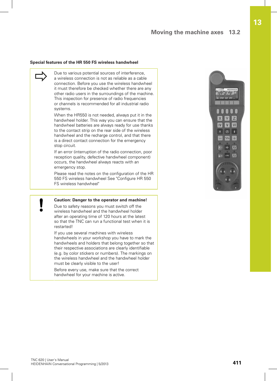 Moving the machine axes 13.2 | HEIDENHAIN TNC 620 (34056x-04) User Manual | Page 411 / 570