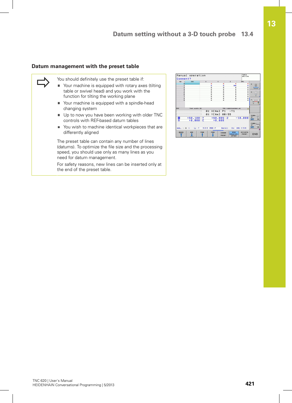 Datum management with the preset table, Datum setting without a 3-d touch probe 13.4 | HEIDENHAIN TNC 620 (34056x-04) User Manual | Page 421 / 570