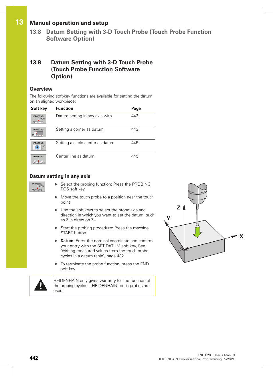 Overview, Datum setting in any axis | HEIDENHAIN TNC 620 (34056x-04) User Manual | Page 442 / 570