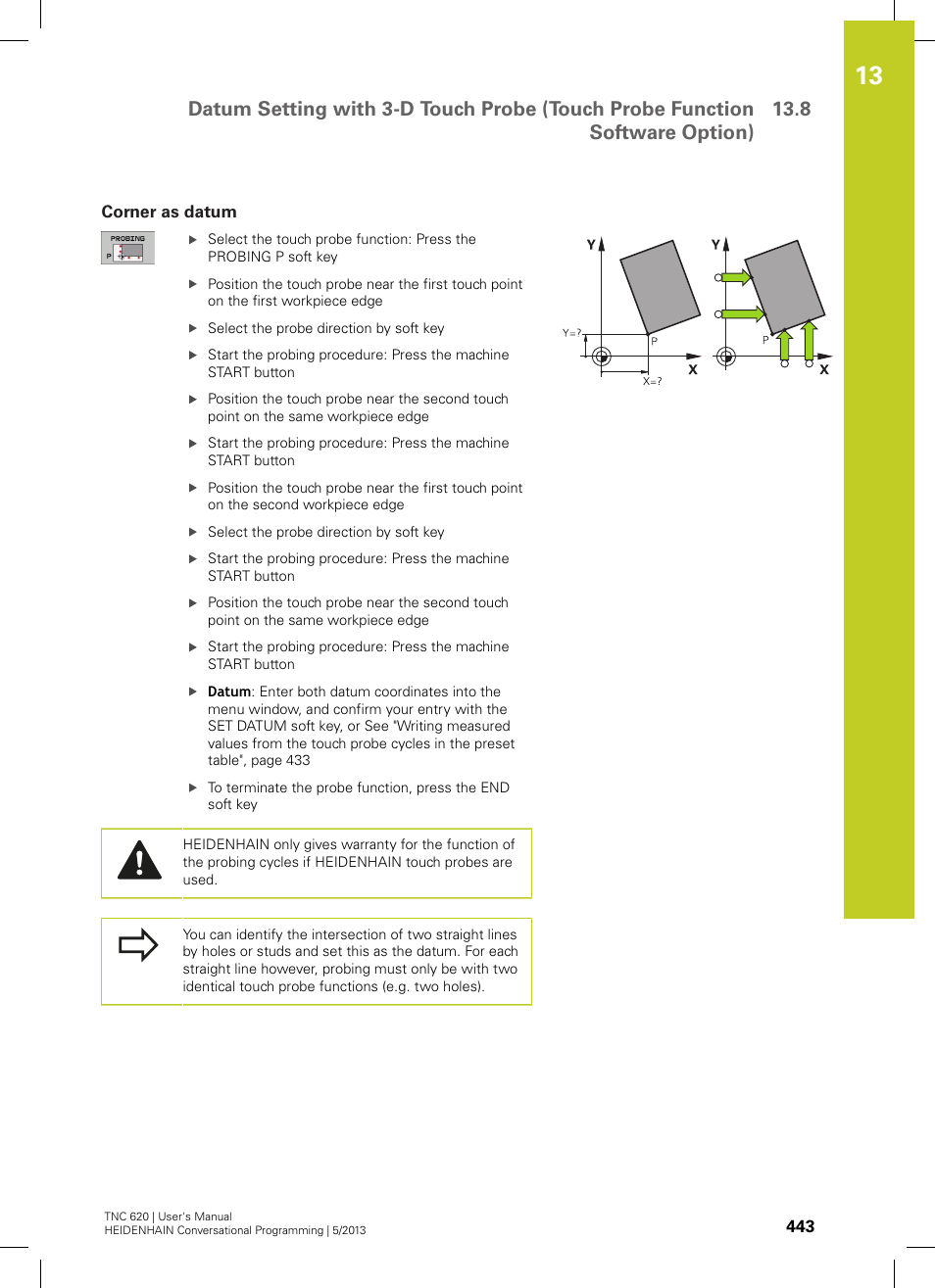 Corner as datum | HEIDENHAIN TNC 620 (34056x-04) User Manual | Page 443 / 570