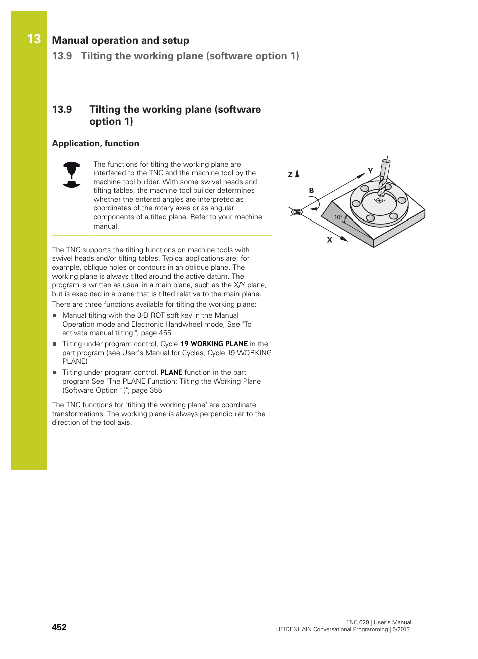 9 tilting the working plane (software option 1), Application, function, Tilting the working plane (software option 1) | HEIDENHAIN TNC 620 (34056x-04) User Manual | Page 452 / 570