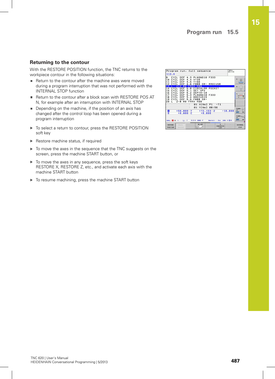 Returning to the contour, Program run 15.5 | HEIDENHAIN TNC 620 (34056x-04) User Manual | Page 487 / 570