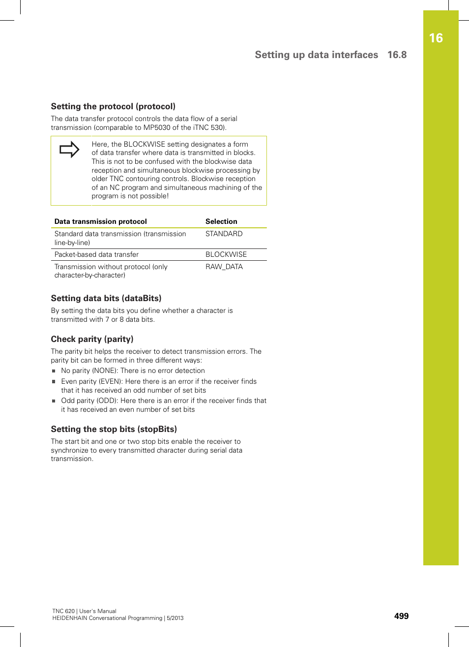 Setting the protocol (protocol), Setting data bits (databits), Check parity (parity) | Setting the stop bits (stopbits), Setting up data interfaces 16.8 | HEIDENHAIN TNC 620 (34056x-04) User Manual | Page 499 / 570