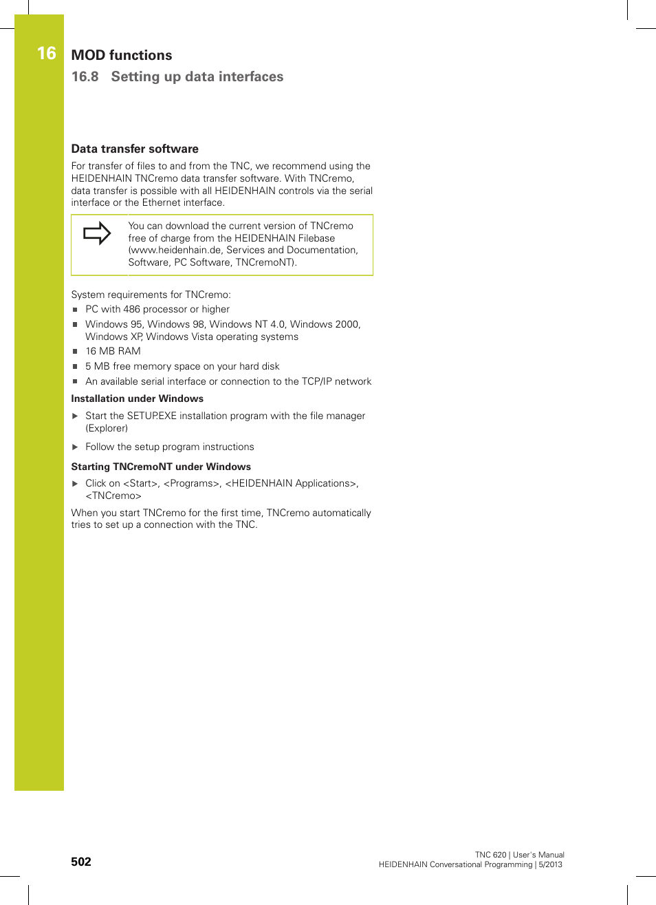 Data transfer software, Mod functions 16.8 setting up data interfaces | HEIDENHAIN TNC 620 (34056x-04) User Manual | Page 502 / 570