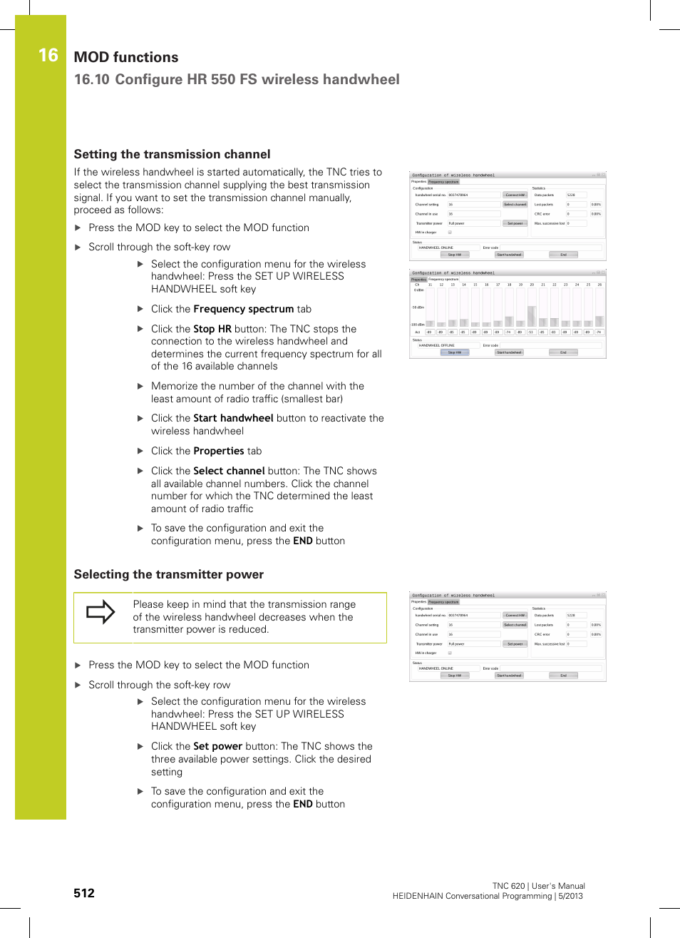 Setting the transmission channel, Selecting the transmitter power | HEIDENHAIN TNC 620 (34056x-04) User Manual | Page 512 / 570
