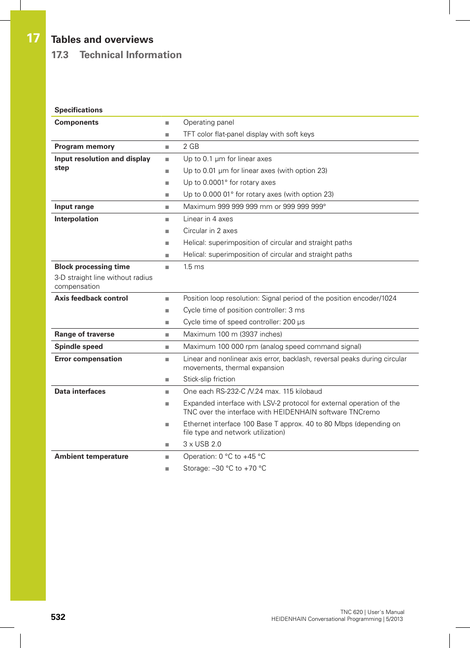 Tables and overviews 17.3 technical information | HEIDENHAIN TNC 620 (34056x-04) User Manual | Page 532 / 570