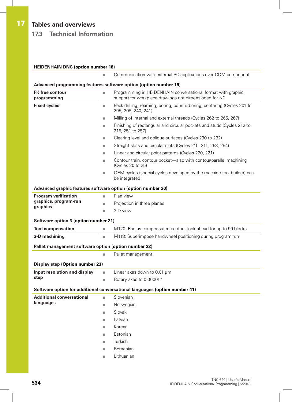 Tables and overviews 17.3 technical information | HEIDENHAIN TNC 620 (34056x-04) User Manual | Page 534 / 570