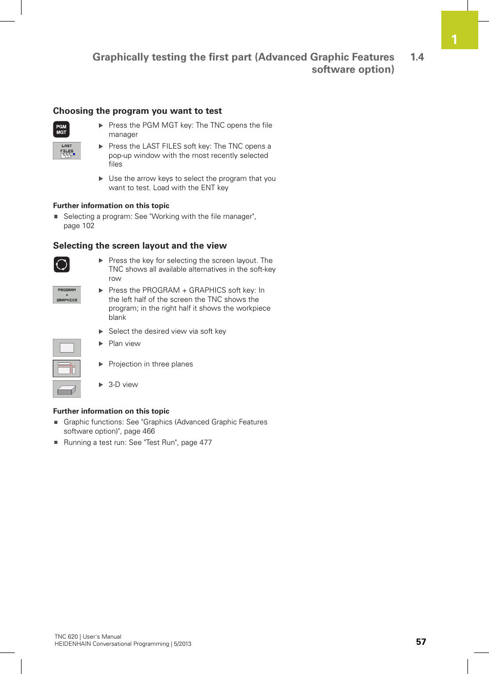 Choosing the program you want to test, Selecting the screen layout and the view | HEIDENHAIN TNC 620 (34056x-04) User Manual | Page 57 / 570