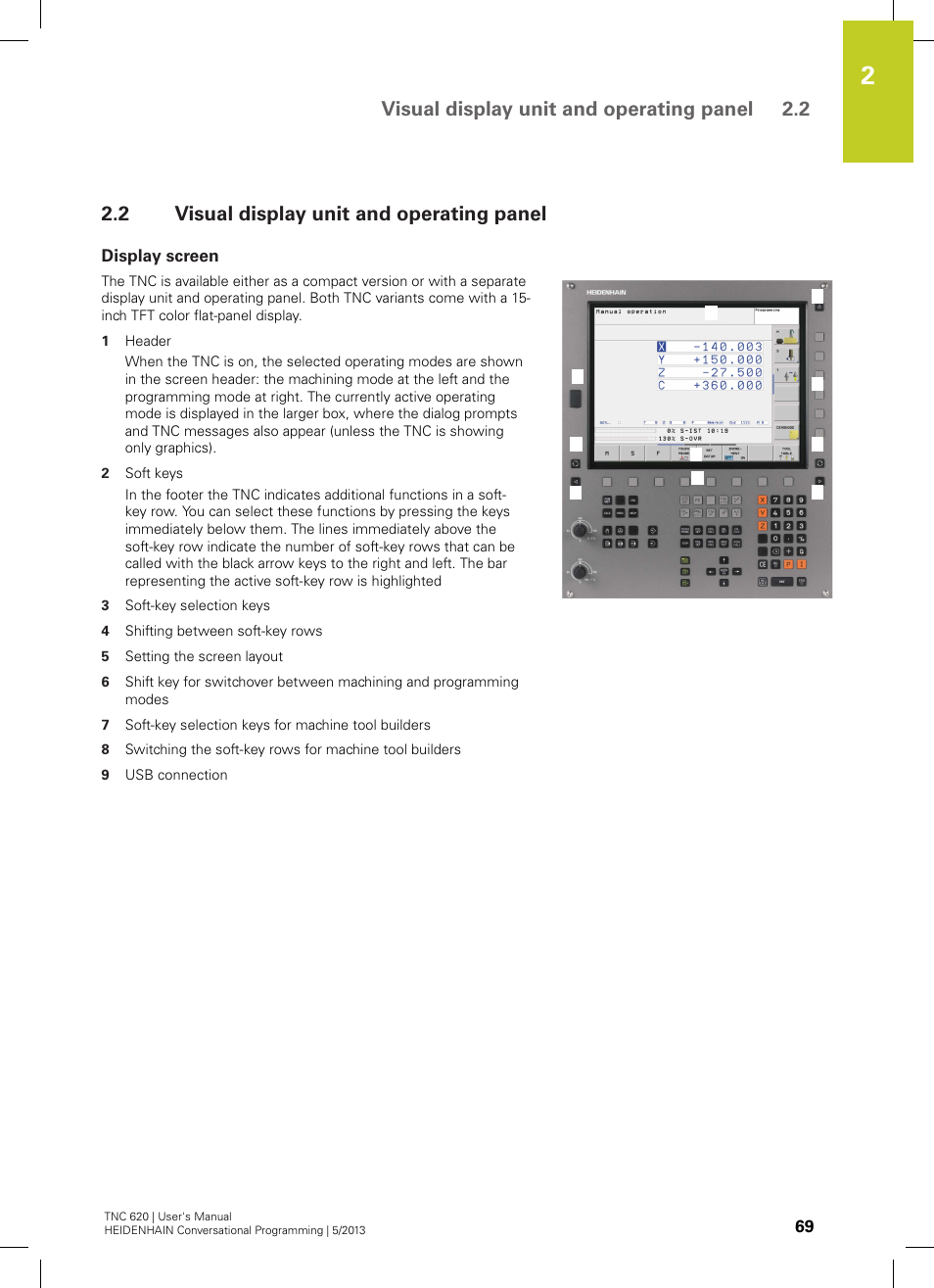 2 visual display unit and operating panel, Display screen, Visual display unit and operating panel | Visual display unit and operating panel 2.2 | HEIDENHAIN TNC 620 (34056x-04) User Manual | Page 69 / 570