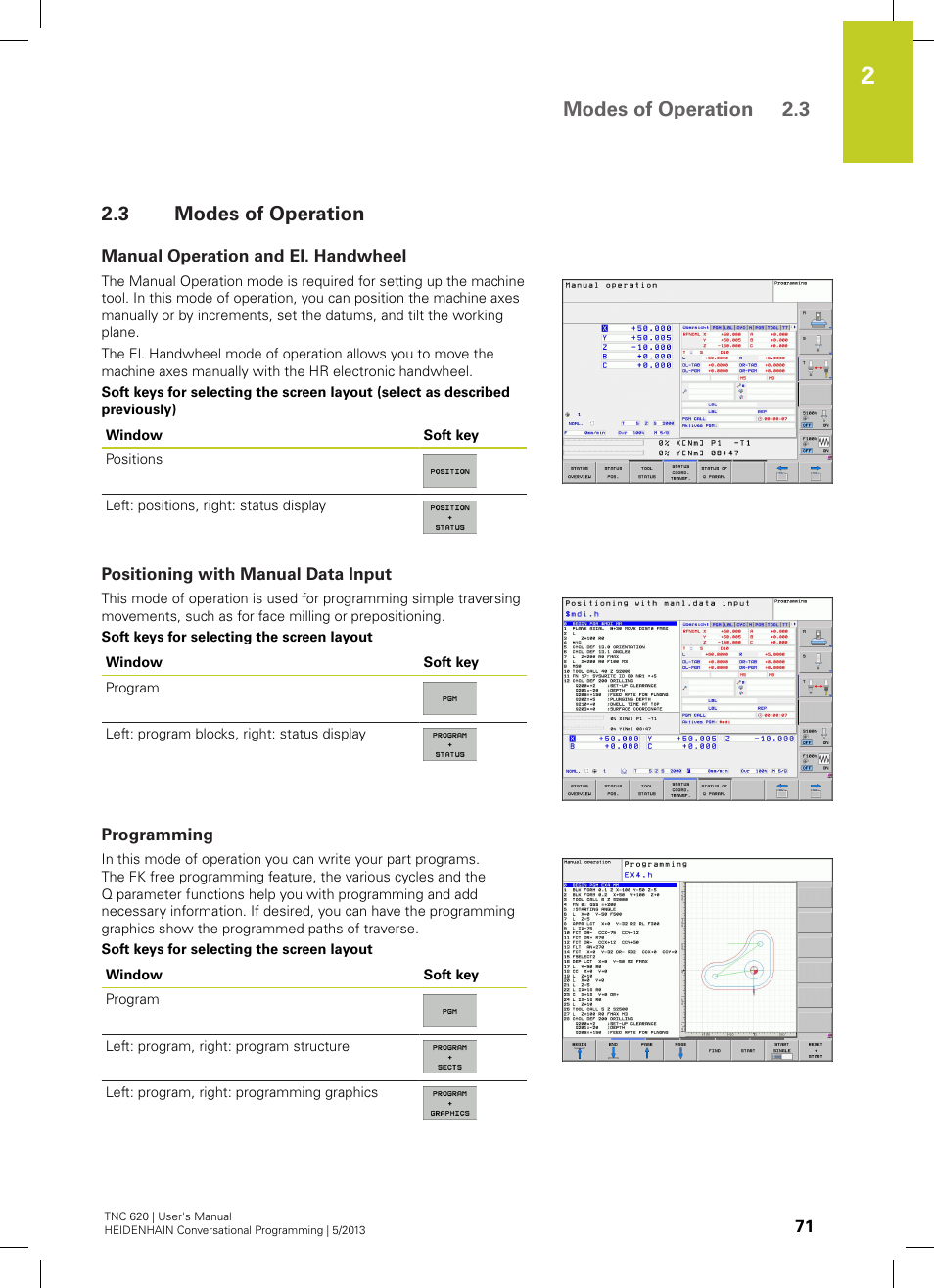 3 modes of operation, Manual operation and el. handwheel, Positioning with manual data input | Programming, Modes of operation, Modes of operation 2.3 | HEIDENHAIN TNC 620 (34056x-04) User Manual | Page 71 / 570