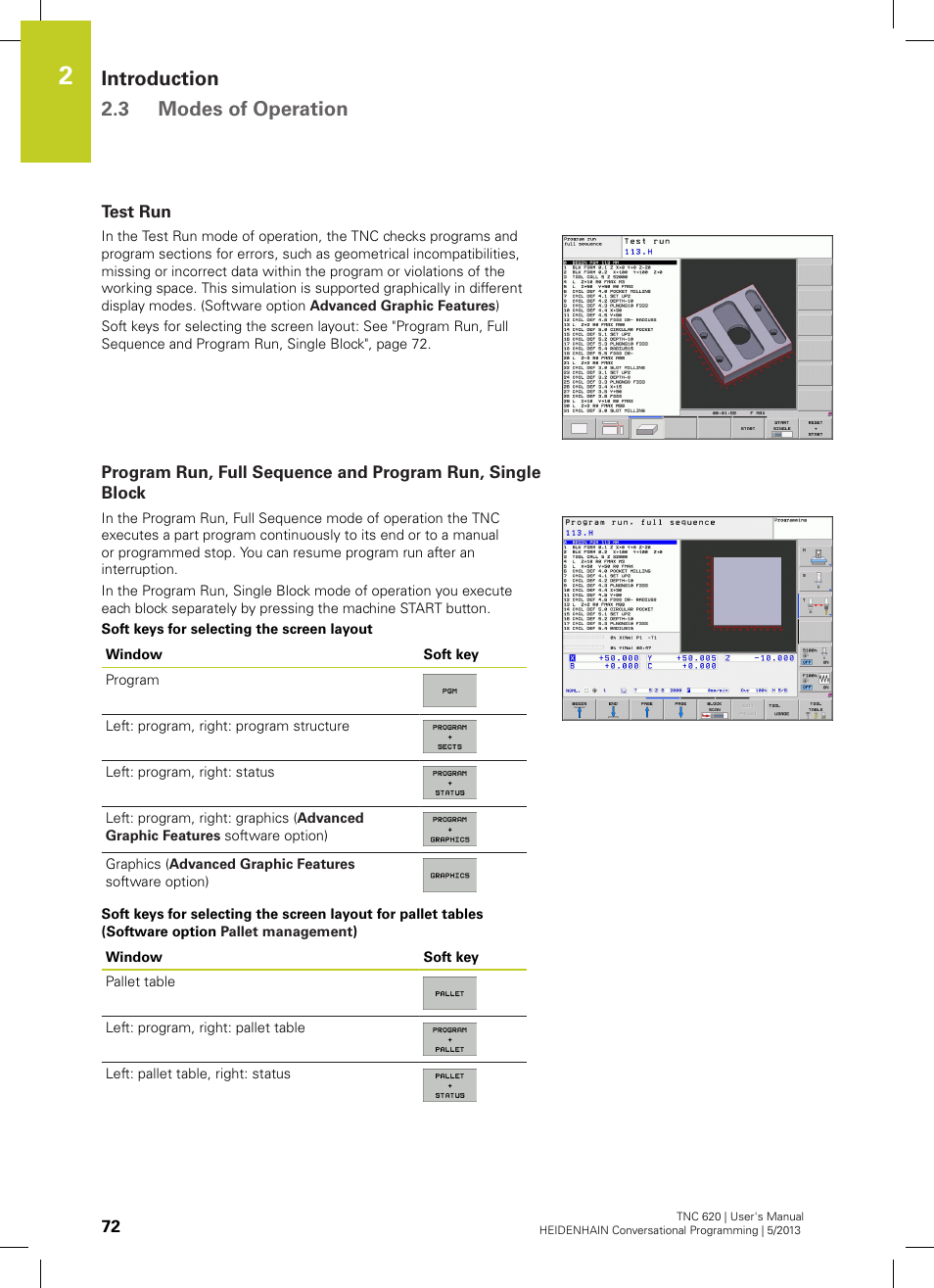 Test run, Introduction 2.3 modes of operation | HEIDENHAIN TNC 620 (34056x-04) User Manual | Page 72 / 570