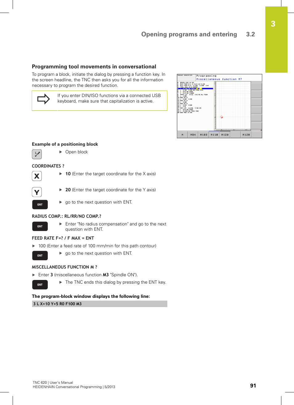 Programming tool movements in conversational, Opening programs and entering 3.2 | HEIDENHAIN TNC 620 (34056x-04) User Manual | Page 91 / 570