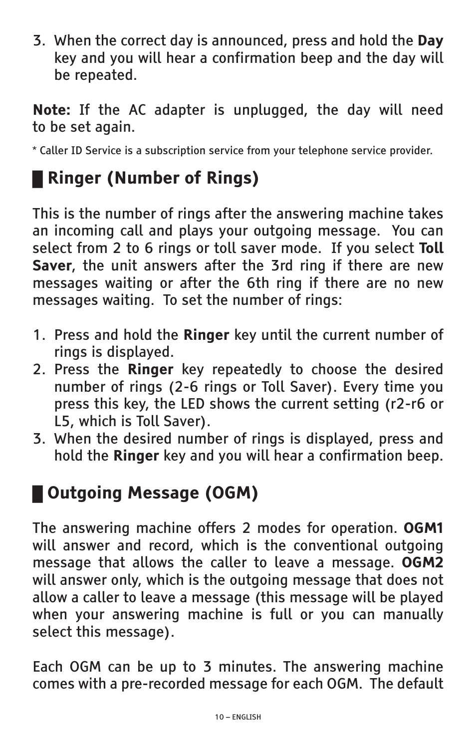 Ringer (number of rings), Outgoing message (ogm) | ClearSounds ANS3000 User Manual | Page 10 / 57