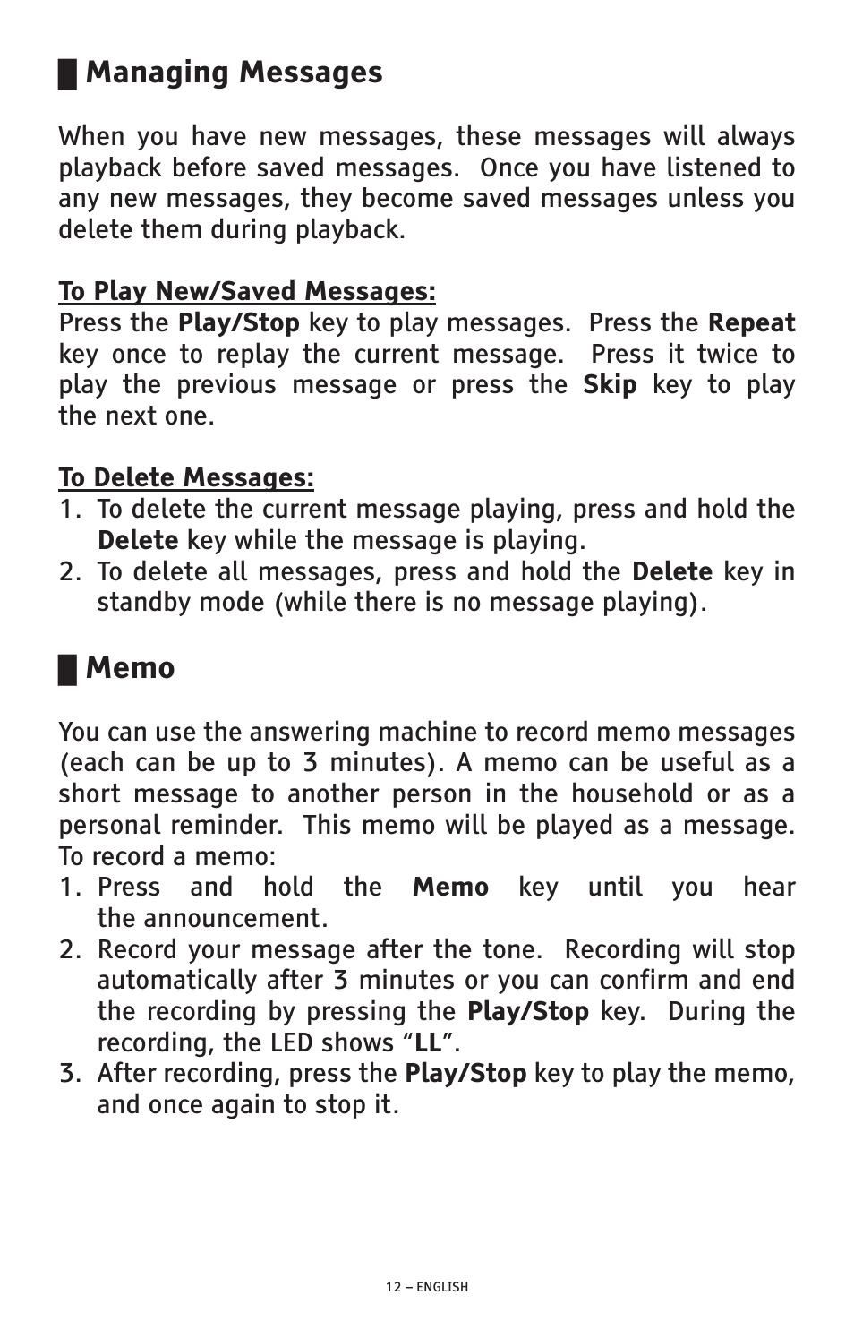 Managing messages | ClearSounds ANS3000 User Manual | Page 12 / 57