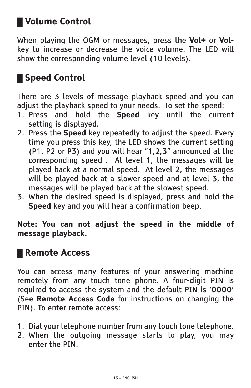 Volume control, Speed control, Remote access | ClearSounds ANS3000 User Manual | Page 13 / 57
