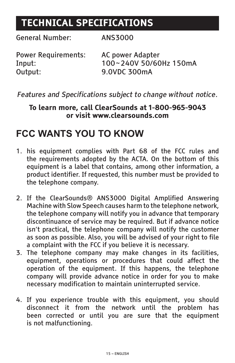 Technical specifications, Fcc wants you to know | ClearSounds ANS3000 User Manual | Page 15 / 57