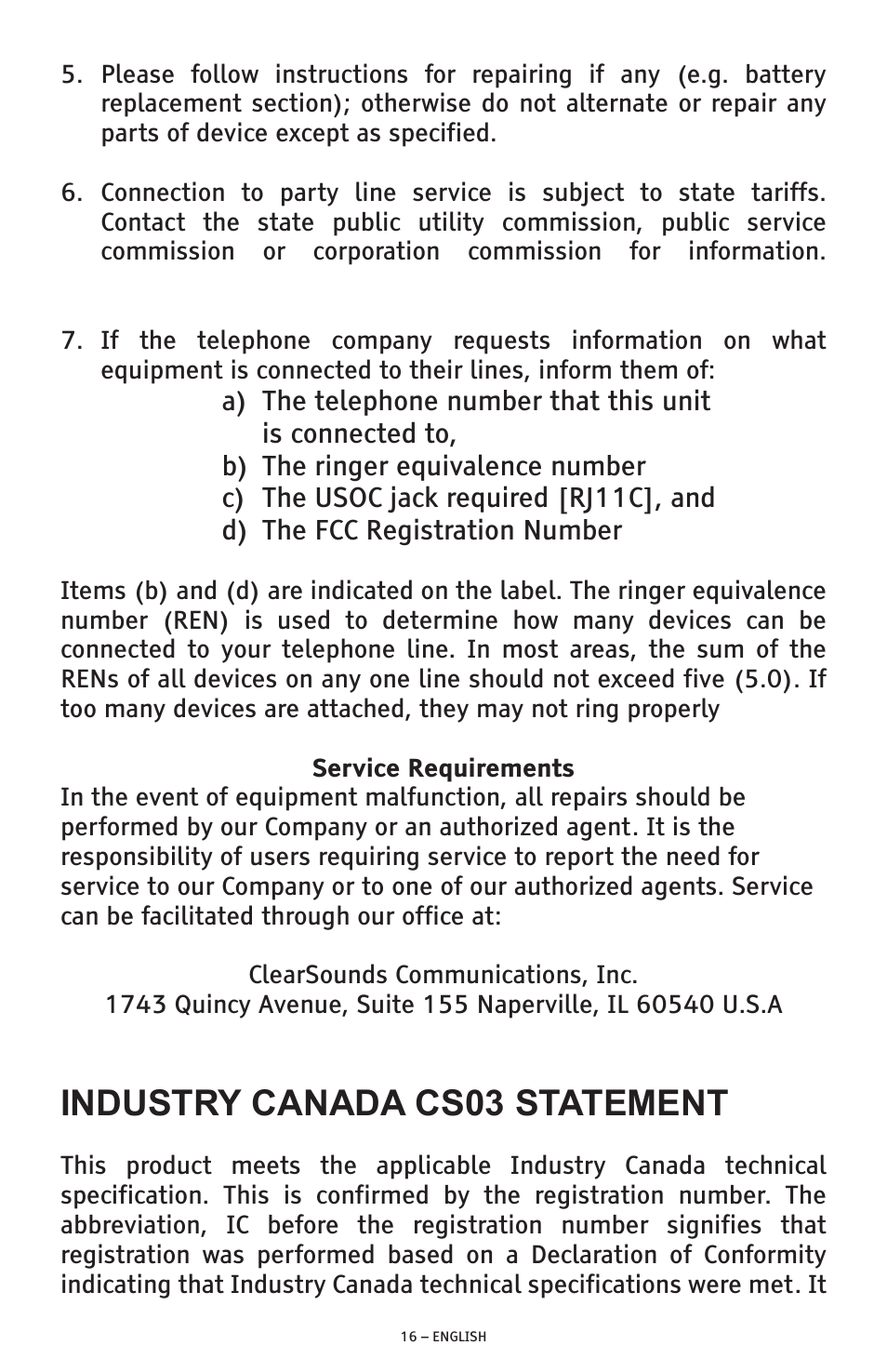 Industry canada cs03 statement | ClearSounds ANS3000 User Manual | Page 16 / 57