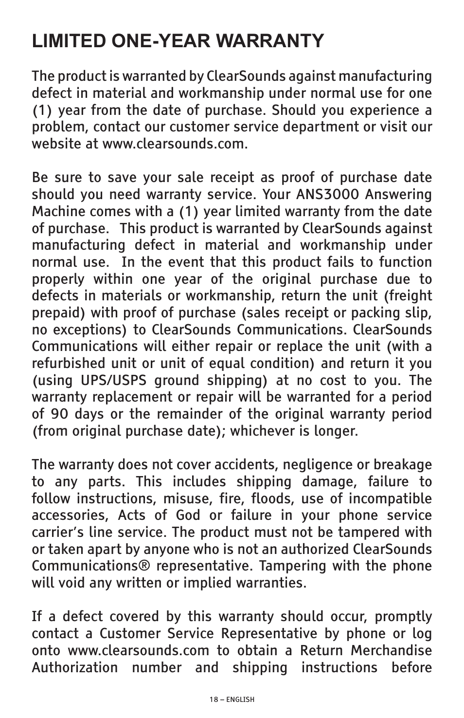 Limited one-year warranty | ClearSounds ANS3000 User Manual | Page 18 / 57