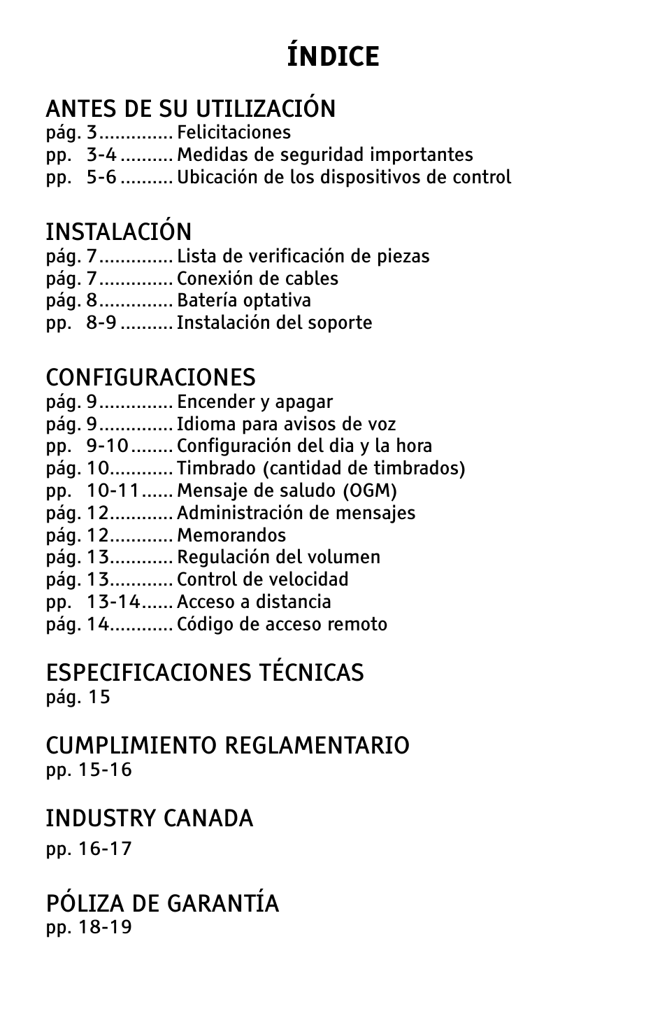 Índice, Antes de su utilización, Instalación | Configuraciones, Especificaciones técnicas, Cumplimiento reglamentario, Industry canada, Póliza de garantía | ClearSounds ANS3000 User Manual | Page 21 / 57