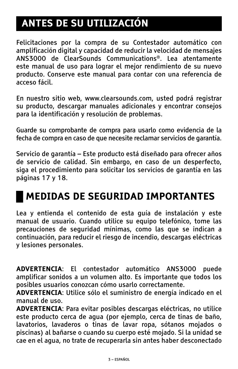 Antes de su utilización, Medidas de seguridad importantes | ClearSounds ANS3000 User Manual | Page 22 / 57