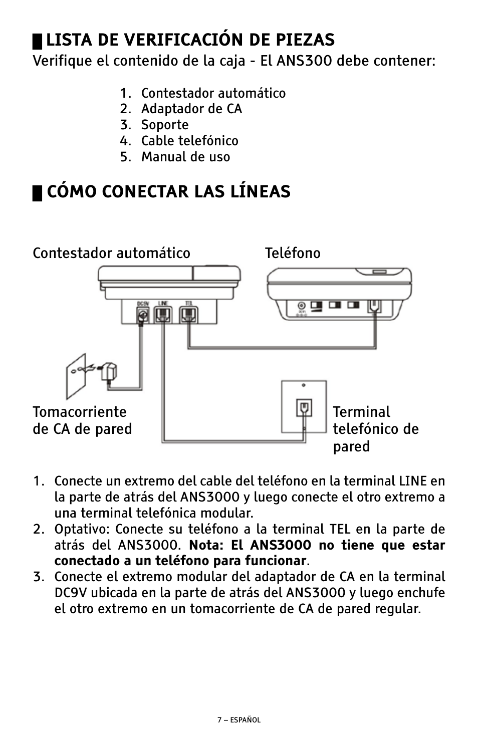 Lista de verificación de piezas, Cómo conectar las líneas | ClearSounds ANS3000 User Manual | Page 26 / 57