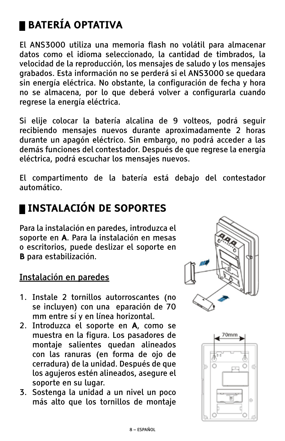 Batería optativa, Instalación de soportes | ClearSounds ANS3000 User Manual | Page 27 / 57