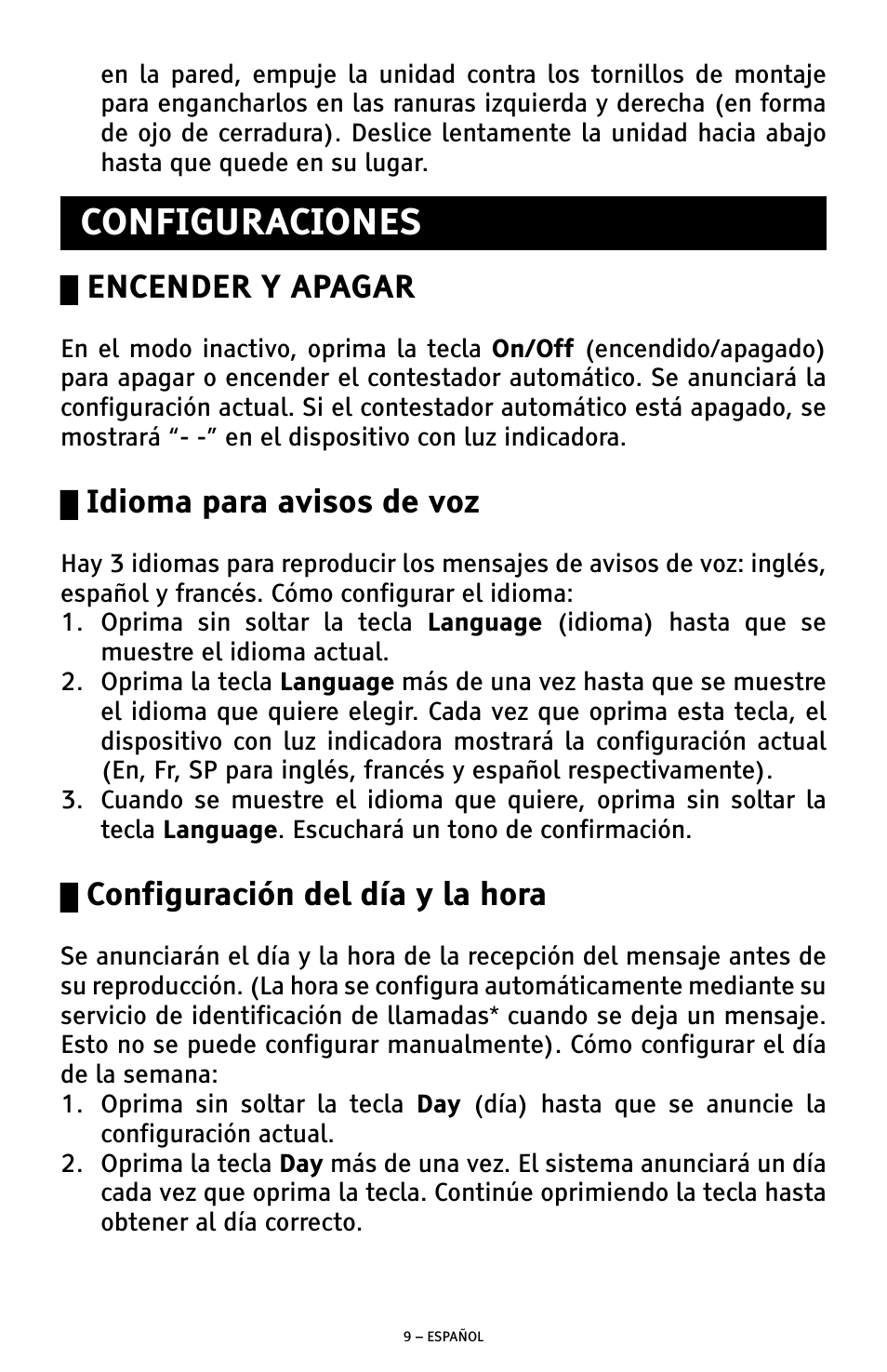 Configuraciones, Encender y apagar, Idioma para avisos de voz | Configuración del día y la hora | ClearSounds ANS3000 User Manual | Page 28 / 57