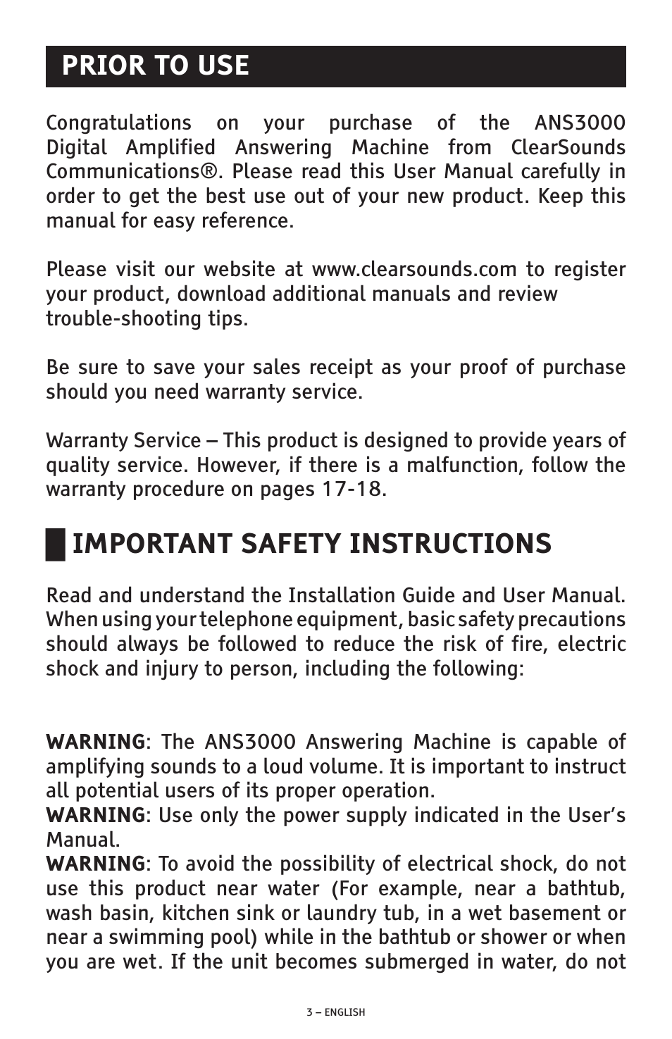 Prior to use, Important safety instructions | ClearSounds ANS3000 User Manual | Page 3 / 57