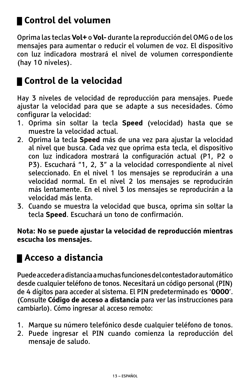 Control del volumen, Control de la velocidad, Acceso a distancia | ClearSounds ANS3000 User Manual | Page 32 / 57